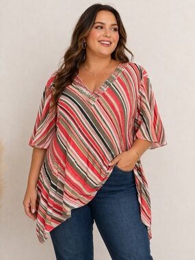 Catherines Striped Tunic 3X Boho Flowy V-Neck Stud Detail Plus Effortless Travel